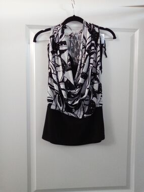 Y2K Halter Black & White Draped Cowl Neck Print Top Size XL